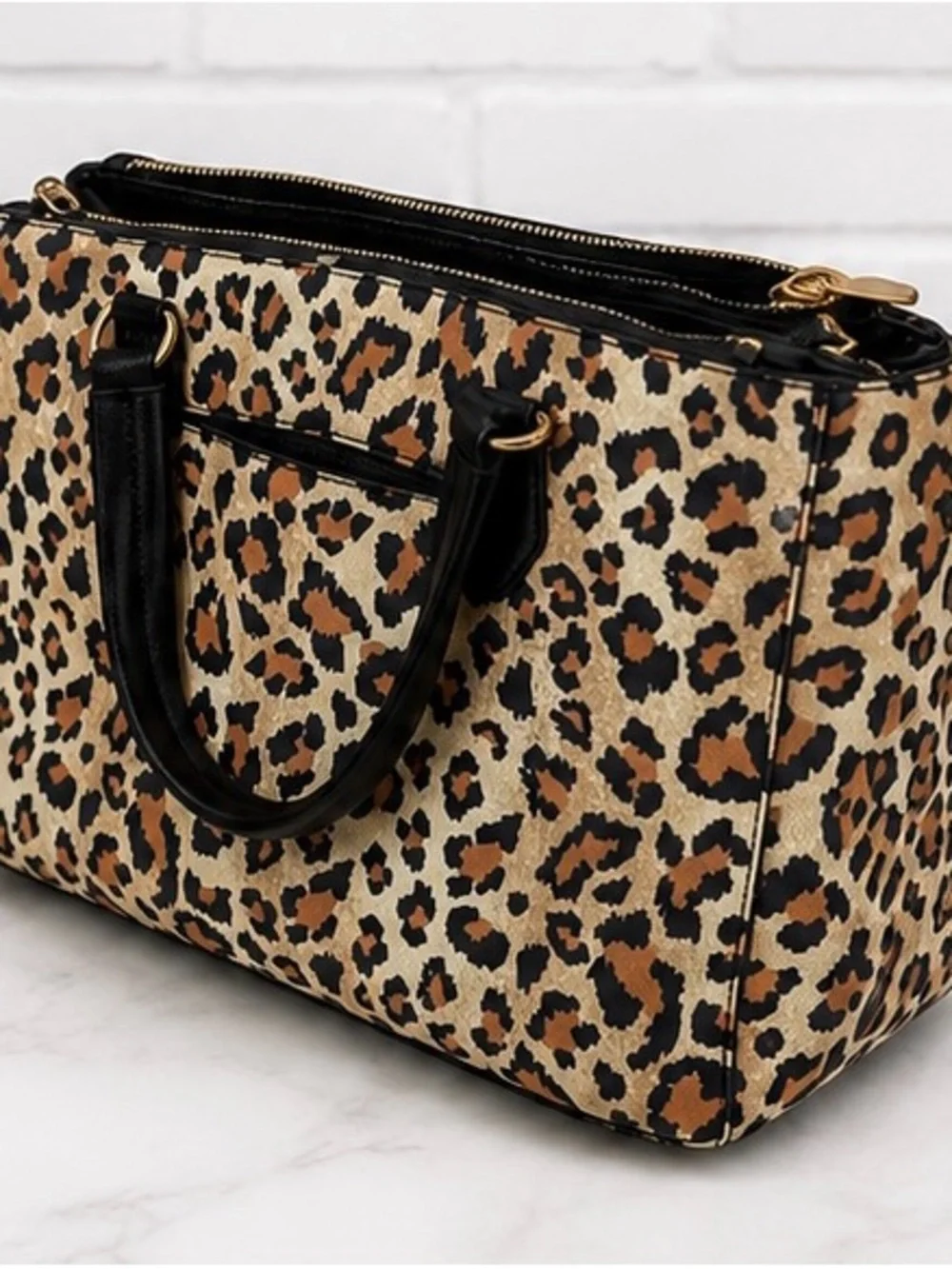 On 34th Leopard Print Satchel Tote Handbag Black Trim Gold Hardware